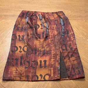 Chic Abstract Print Pencil Double Slit Midi Skirt Size 10 Brown Orange Bronze